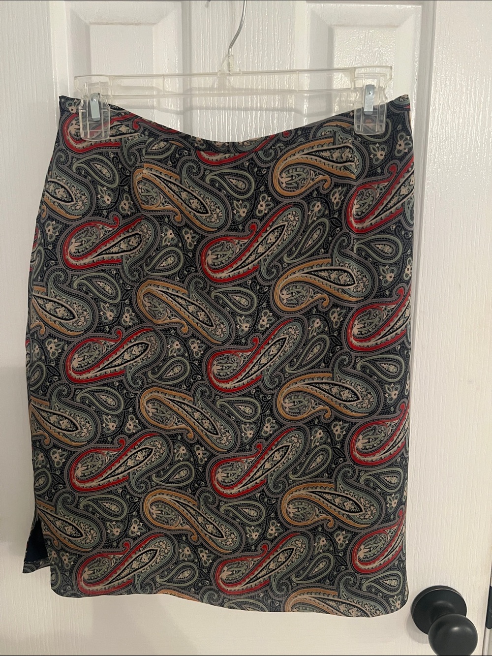Harold's Paisley Pencil Skirt in Navy with Red & Tan Motifs
